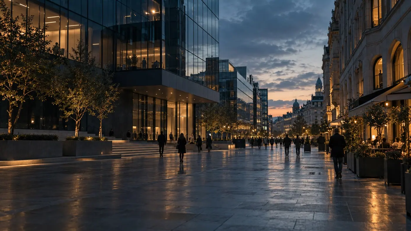 Illustrative city street at dusk with people walking between buildings
