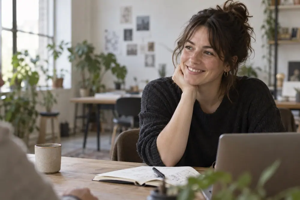 Editorial illustration of a smiling professional listening during a conversation